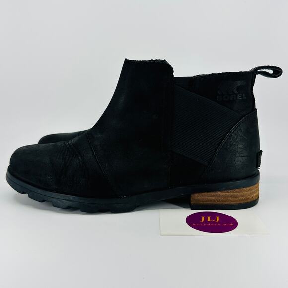 Sorel Women's Emelie Chelsea Black Waterproof Leather Ankle Boots Size 8 - Picture 5 of 11